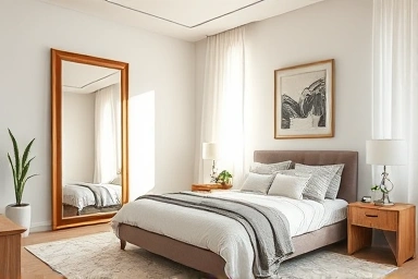 Spacious bedroom with a large full-length mirror.